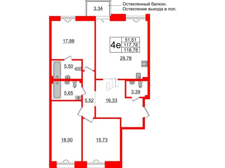 3-комнатная квартира, 117.78 м²; этаж: 4 - купить в Санкт-Петербурге