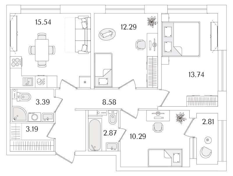 3-комнатная квартира, 71.3 м²; этаж: 2 - купить в Санкт-Петербурге