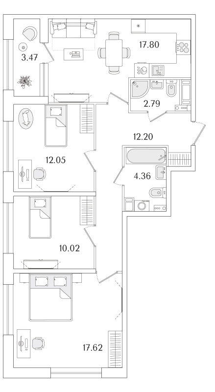 3-комнатная квартира, 78.58 м²; этаж: 3 - купить в Санкт-Петербурге