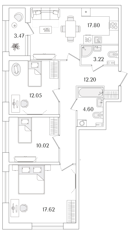 3-комнатная квартира, 79.25 м²; этаж: 1 - купить в Санкт-Петербурге
