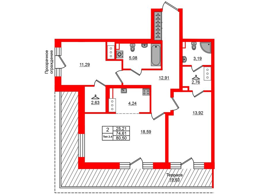 2-комнатная квартира № в: Сэтл Ривьера: 74.61 м²; этаж: 12 - купить в Санкт-Петербурге