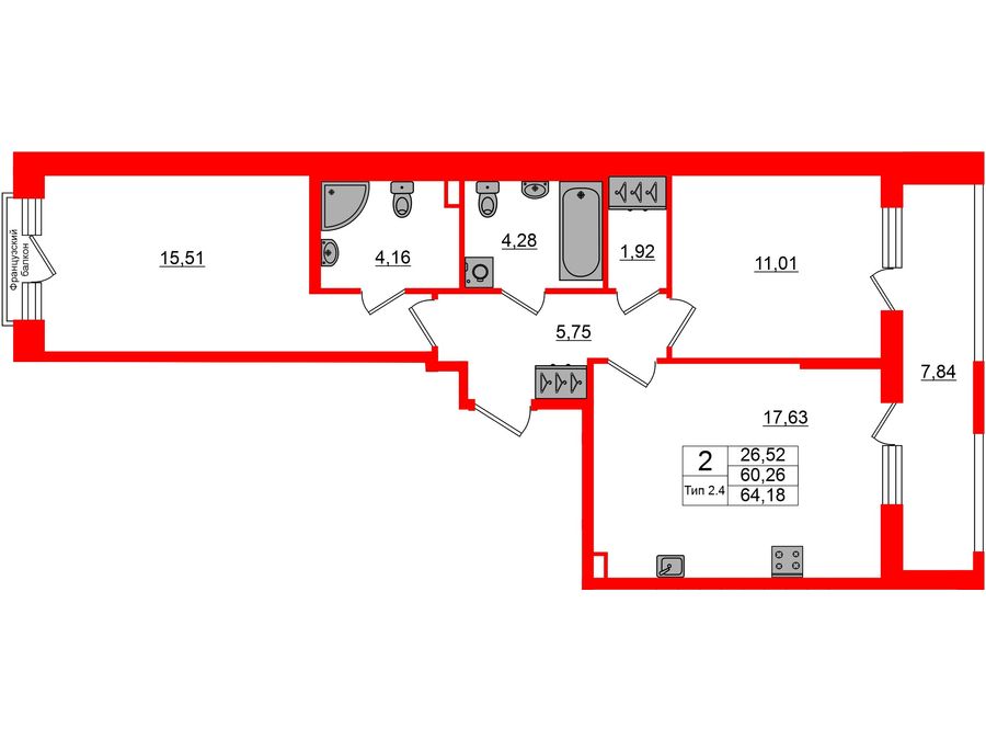 2-комнатная квартира, 60.26 м²; этаж: 2 - купить в Санкт-Петербурге