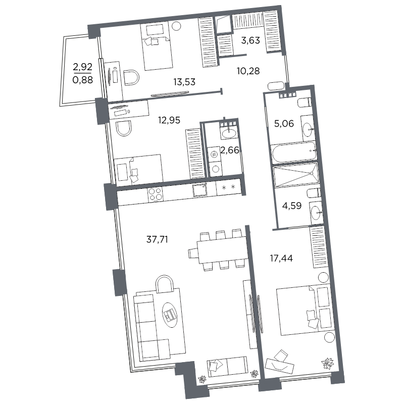 3-комнатная квартира №61 в: Акватория: 108.73 м²; этаж: 6 - купить в Санкт-Петербурге