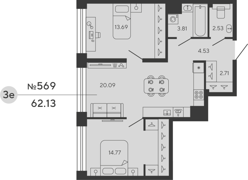 2-комнатная квартира, 62.13 м²; этаж: 20 - купить в Санкт-Петербурге