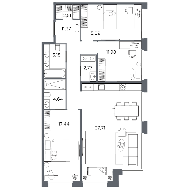 3-комнатная квартира №61 в: Акватория: 108.69 м²; этаж: 2 - купить в Санкт-Петербурге