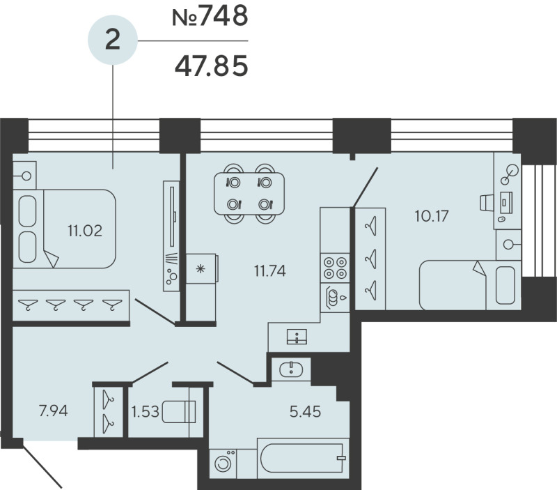 2-комнатная квартира, 47.85 м²; этаж: 5 - купить в Санкт-Петербурге