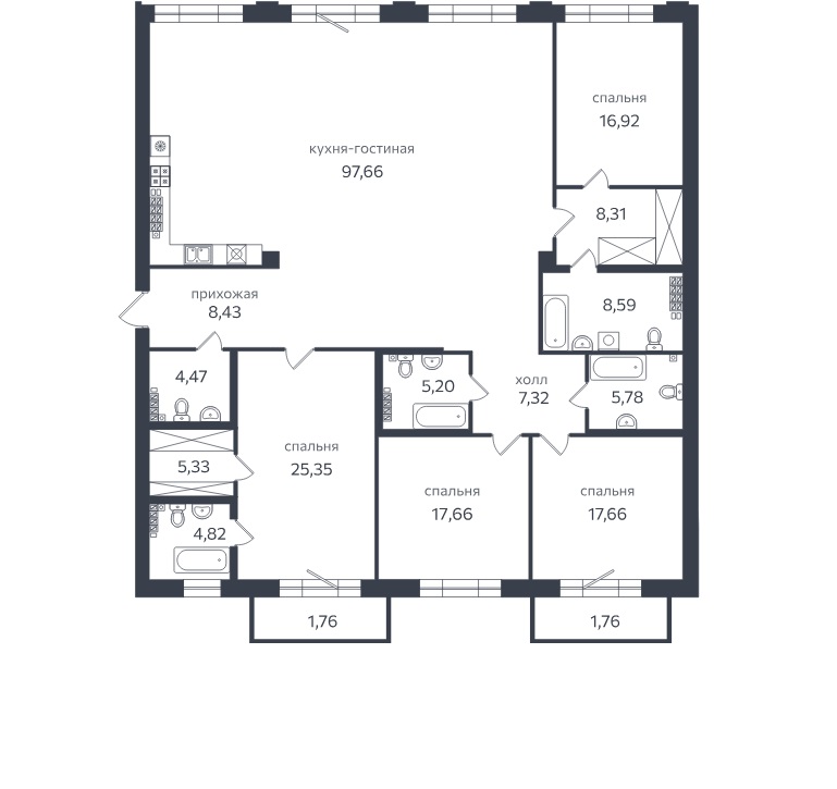 4-комнатная квартира №78 в Петровская коса, 1 1-й корпус: 243.1 м², этаж 5 - купить в Санкт-Петербурге