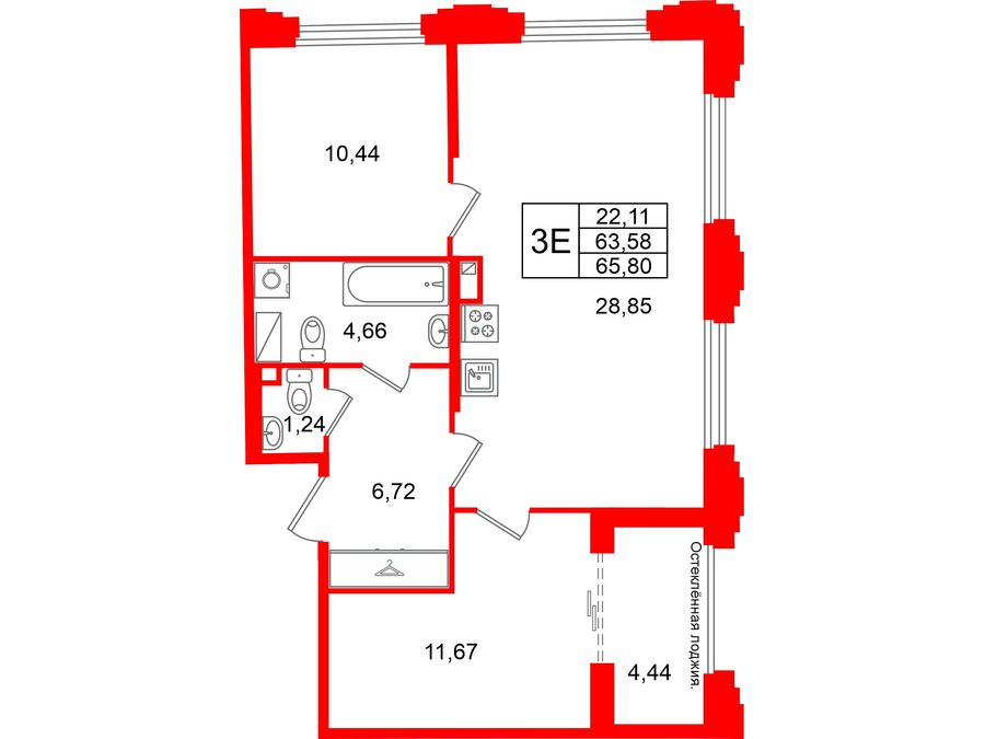 2-комнатная квартира №26 в: Кристалл Холл: 63.58 м²; этаж: 3 - купить в Санкт-Петербурге