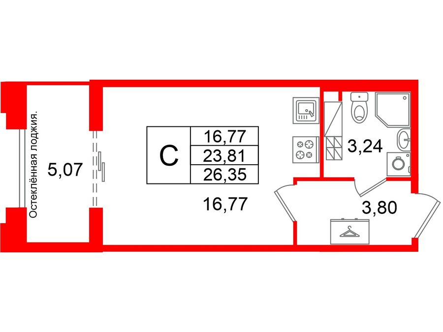 1-комнатная квартира, 23.81 м²; этаж: 7 - купить в Санкт-Петербурге