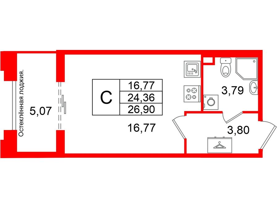 1-комнатная квартира, 24.36 м²; этаж: 3 - купить в Санкт-Петербурге