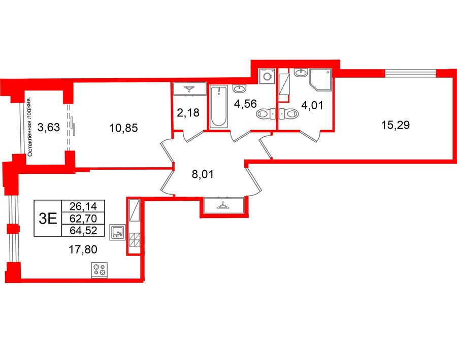 2-комнатная квартира №26 в: Кристалл Холл: 62.7 м²; этаж: 6 - купить в Санкт-Петербурге