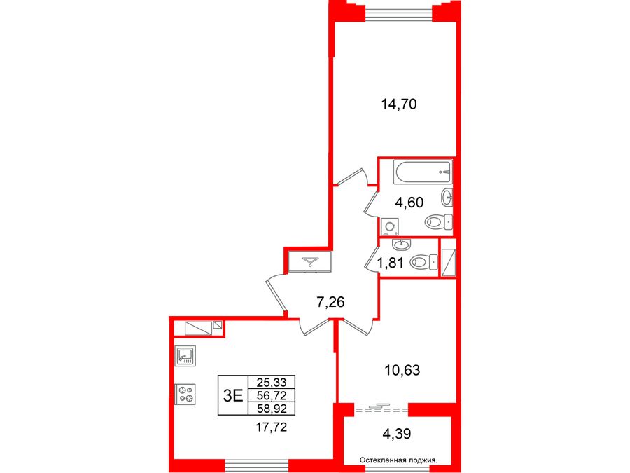 2-комнатная квартира №26 в: Кристалл Холл: 56.72 м²; этаж: 4 - купить в Санкт-Петербурге
