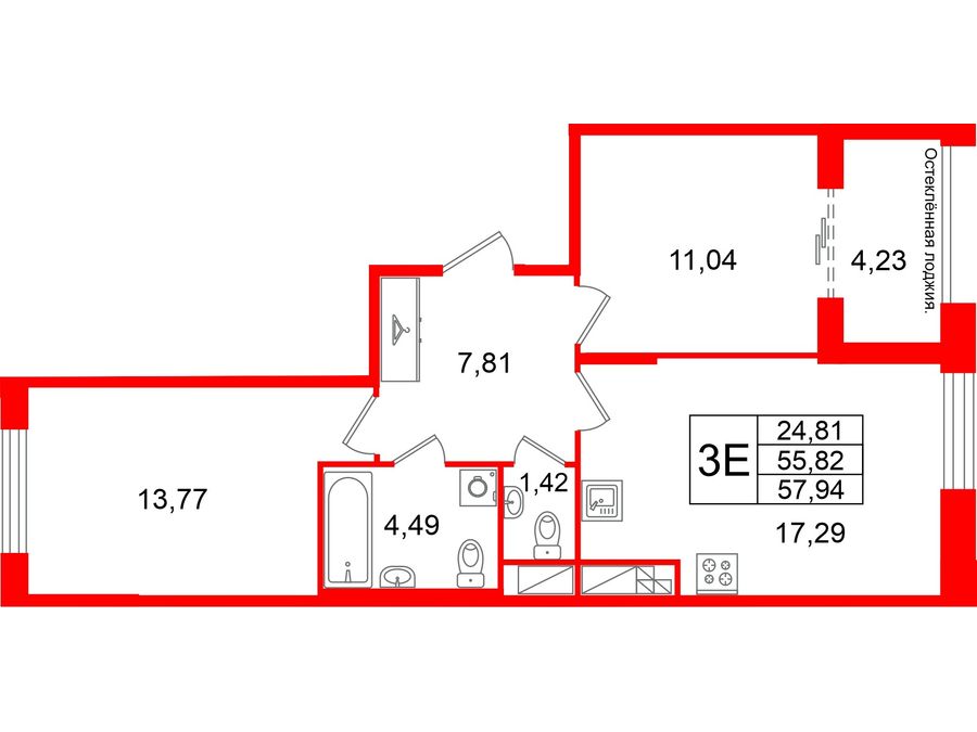 2-комнатная квартира №26 в: Кристалл Холл: 55.82 м²; этаж: 5 - купить в Санкт-Петербурге