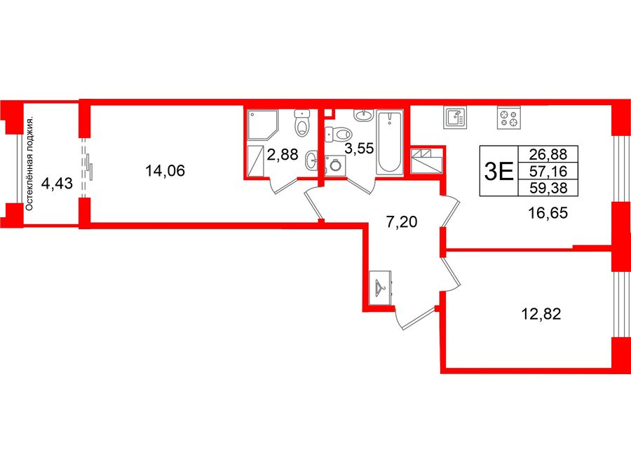 2-комнатная квартира №26 в: Кристалл Холл: 57.16 м²; этаж: 5 - купить в Санкт-Петербурге