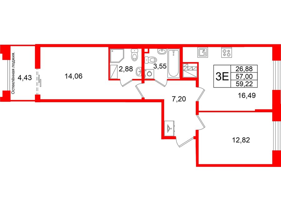 2-комнатная квартира №26 в: Кристалл Холл: 57 м²; этаж: 7 - купить в Санкт-Петербурге