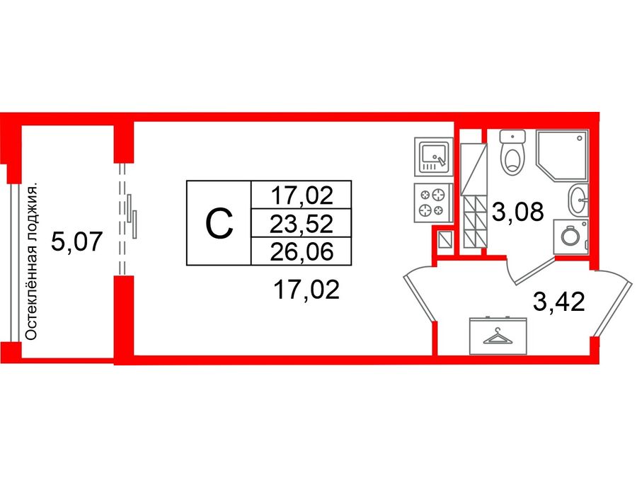 1-комнатная квартира, 23.52 м²; этаж: 9 - купить в Санкт-Петербурге