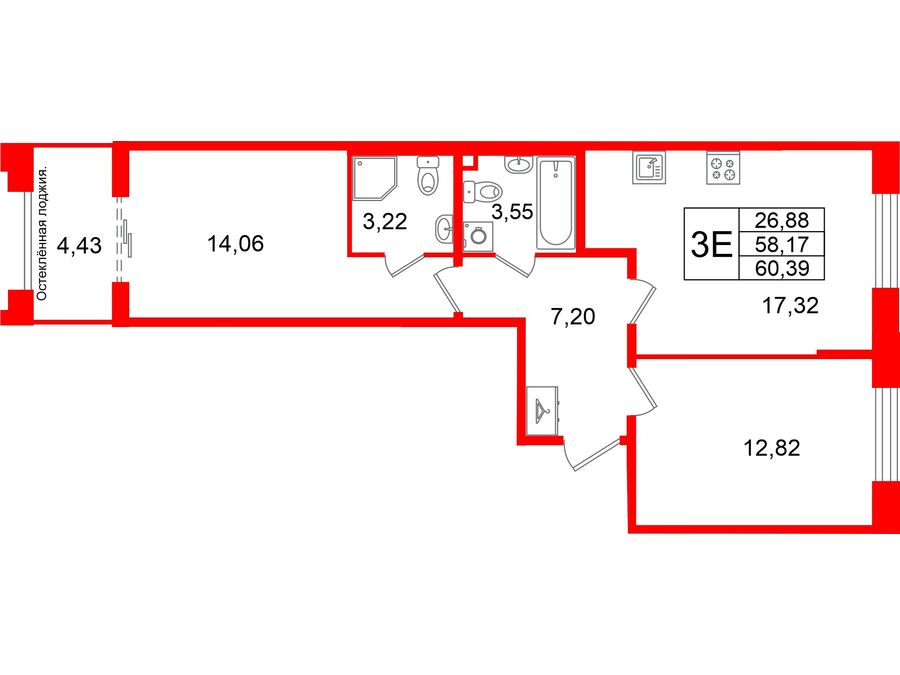2-комнатная квартира №26 в: Кристалл Холл: 58.17 м²; этаж: 3 - купить в Санкт-Петербурге