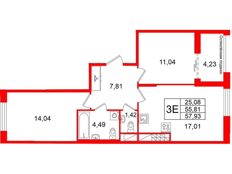 2-комнатная квартира №26 в: Кристалл Холл: 55.81 м²; этаж: 9 - купить в Санкт-Петербурге