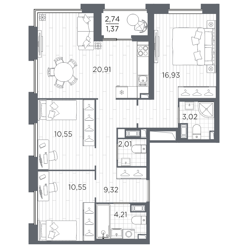 3-комнатная квартира, 78.87 м²; этаж: 11 - купить в Санкт-Петербурге