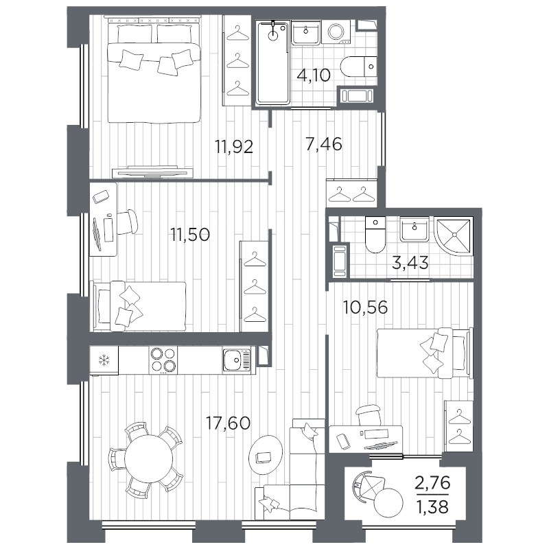 3-комнатная квартира, 67.95 м²; этаж: 3 - купить в Санкт-Петербурге