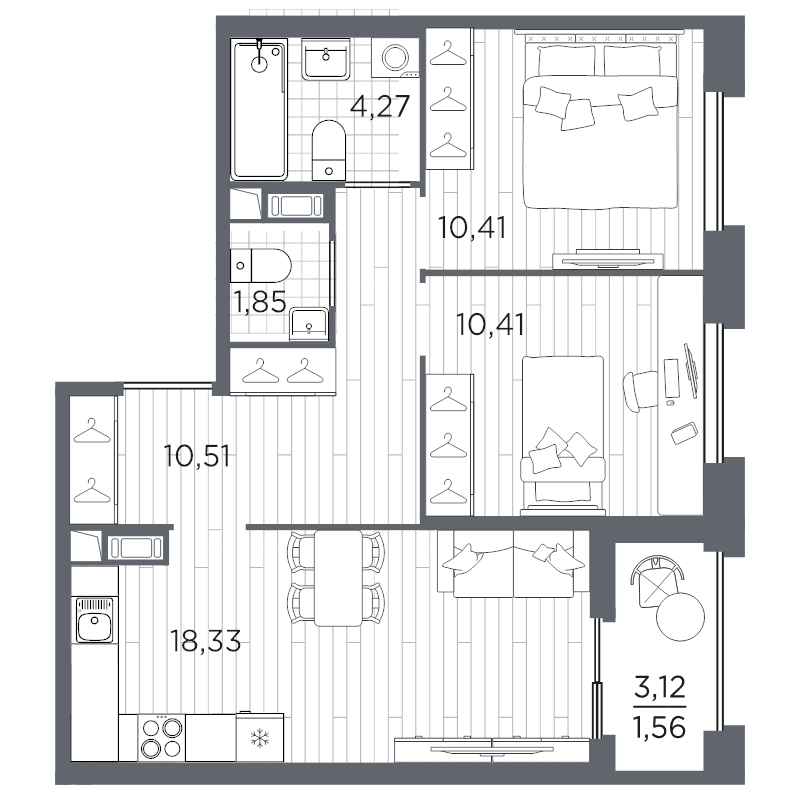 2-комнатная квартира, 57.34 м²; этаж: 3 - купить в Санкт-Петербурге