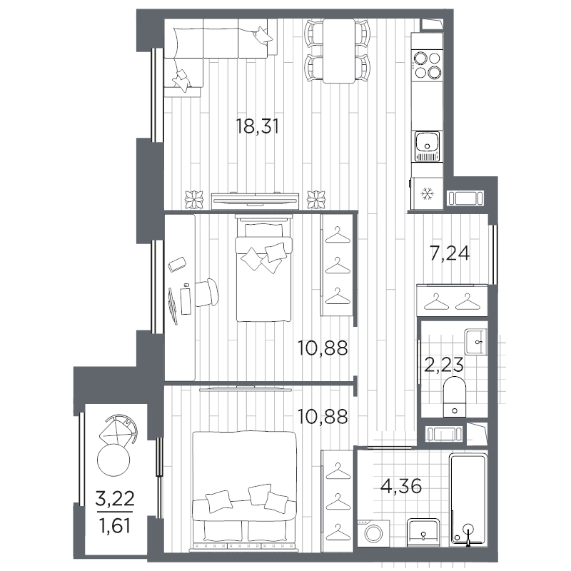 2-комнатная квартира, 55.51 м²; этаж: 7 - купить в Санкт-Петербурге