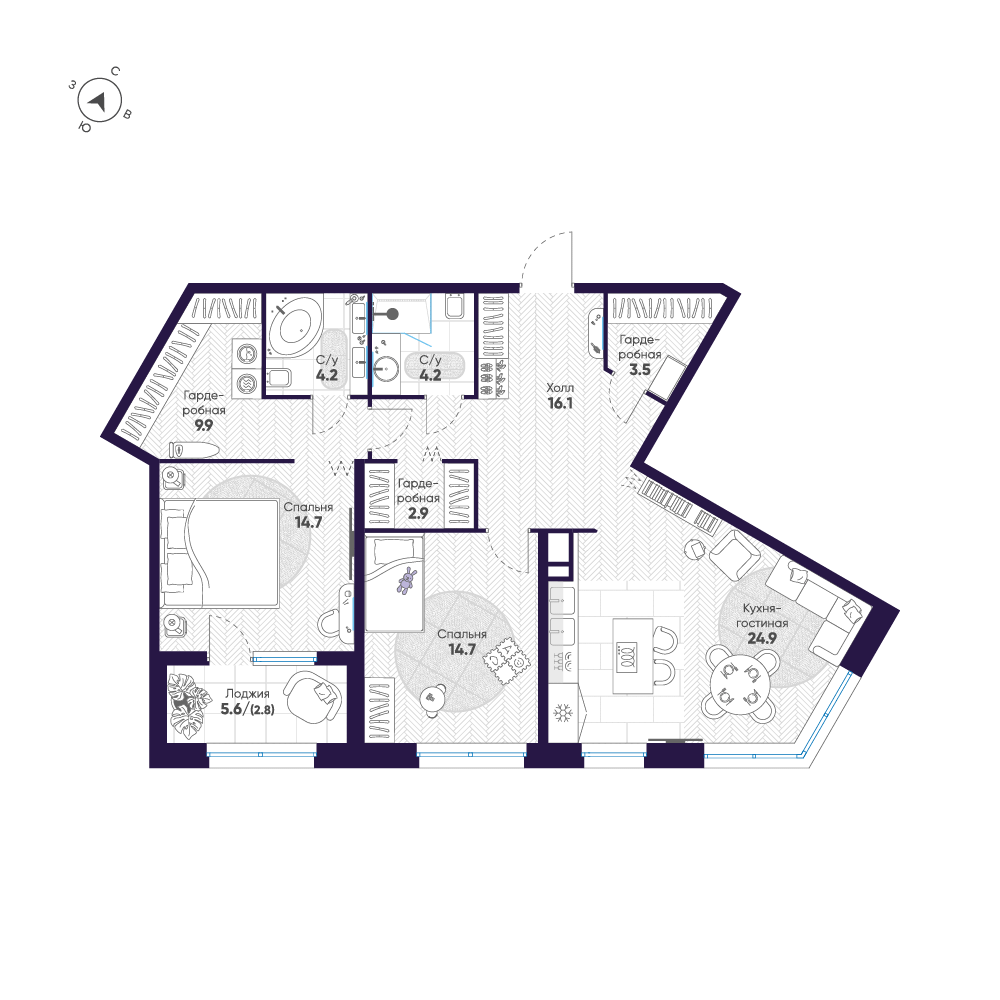 2-комнатная квартира №74 в ЛДМ 2-й корпус: 97.9 м², этаж 5 - купить в Санкт-Петербурге