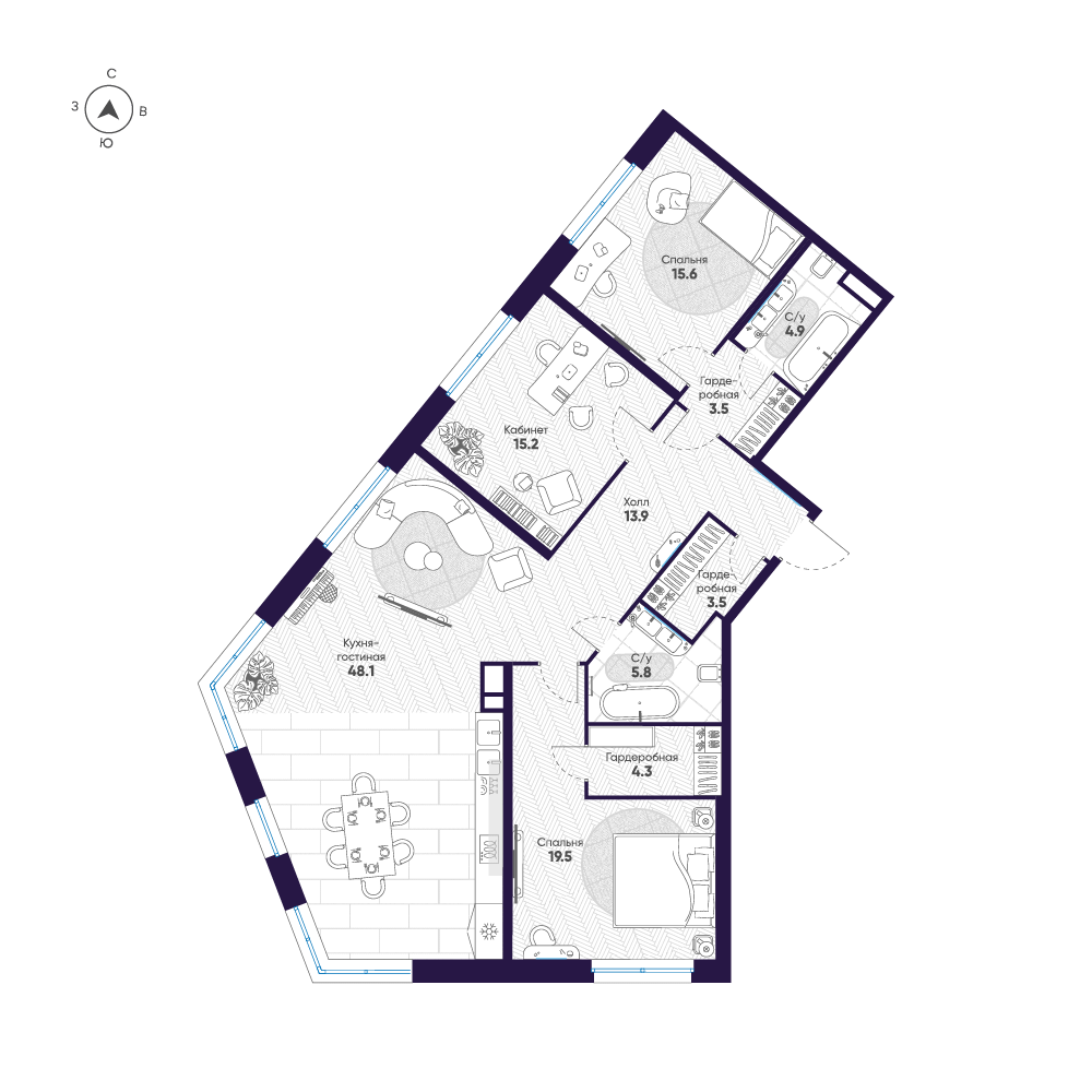 3-комнатная квартира №266 в ЛДМ 4-й корпус: 134.3 м², этаж 5 - купить в Санкт-Петербурге