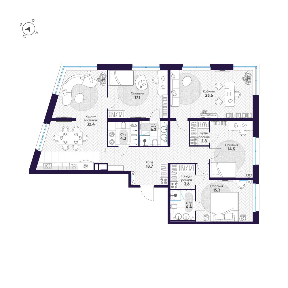 4-комнатная квартира №102 в ЛДМ 3-й корпус: 141 м², этаж 5 - купить в Санкт-Петербурге