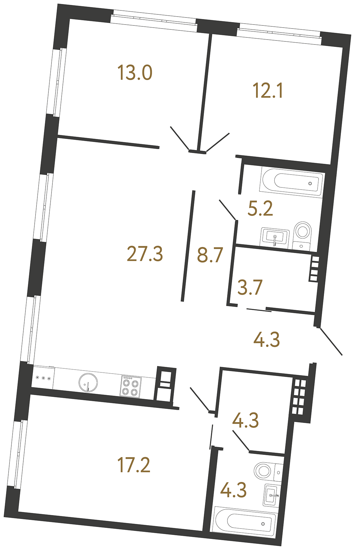 3-комнатная квартира №158 в Визионер 2-й корпус: 100.1 м², этаж 6 - купить в Санкт-Петербурге