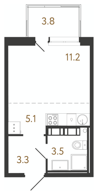 1-комнатная квартира №164 в Куинджи 1-й корпус: 23.3 м², этаж 7 - купить в Санкт-Петербурге
