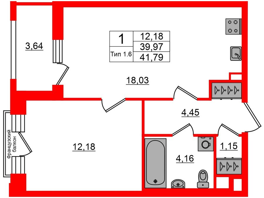 1-комнатная квартира, 39.97 м²; этаж: 2 - купить в Санкт-Петербурге