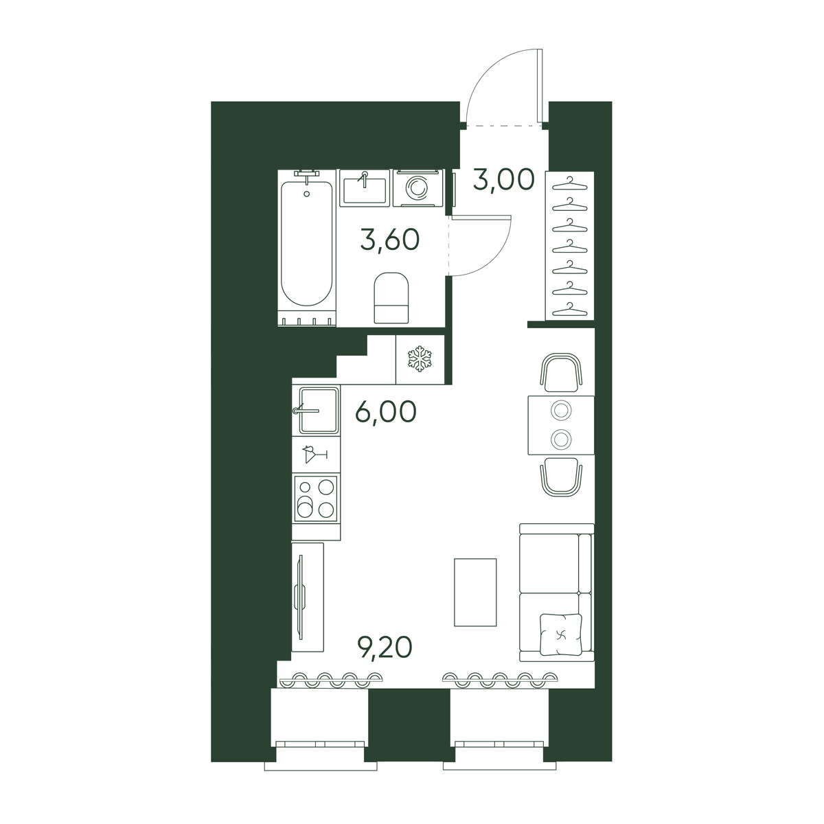 1-комнатная квартира №15 в Моисеенко, 10 1-й корпус: 21.8 м², этаж 4 - купить в Санкт-Петербурге