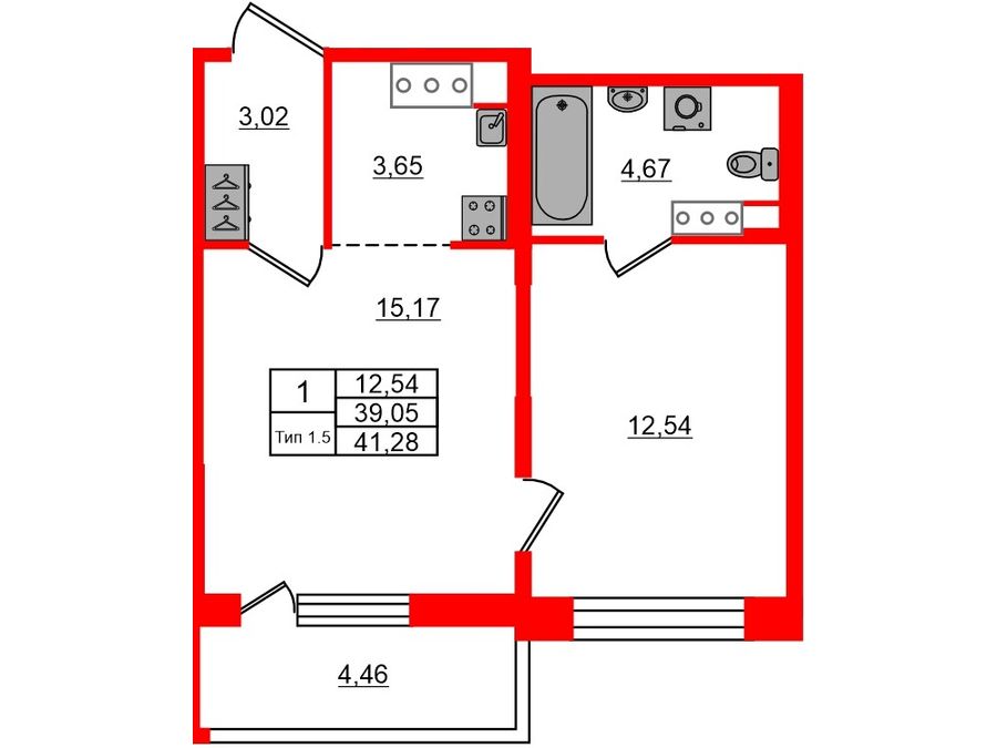 1-комнатная квартира, 39.05 м²; этаж: 11 - купить в Санкт-Петербурге