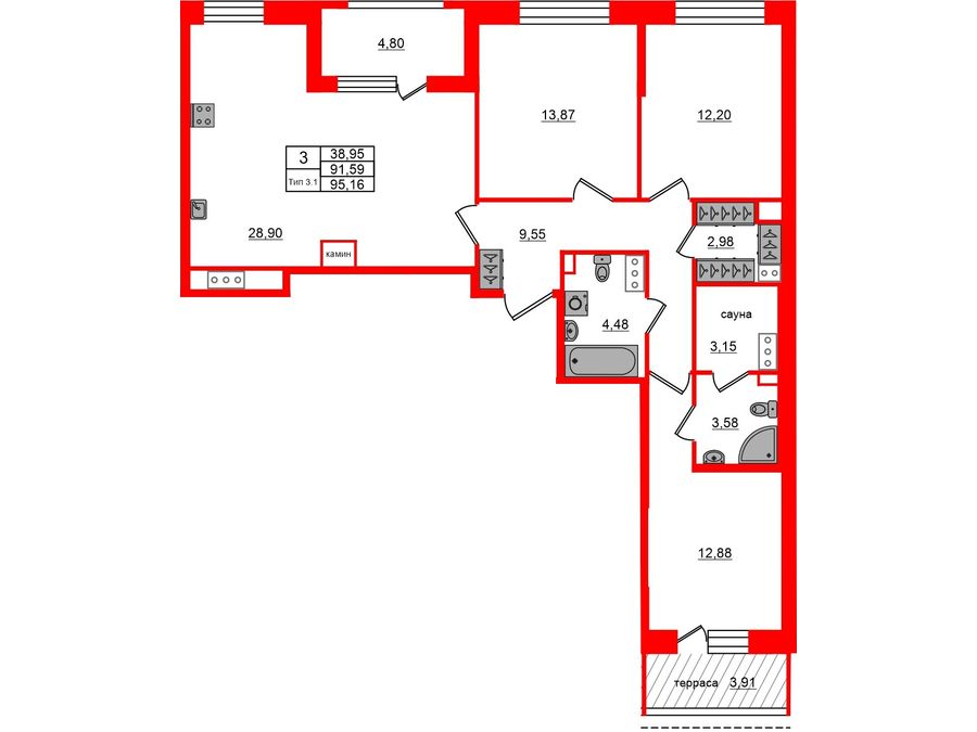 3-комнатная квартира № в: Сэтл Ривьера: 91.59 м²; этаж: 17 - купить в Санкт-Петербурге