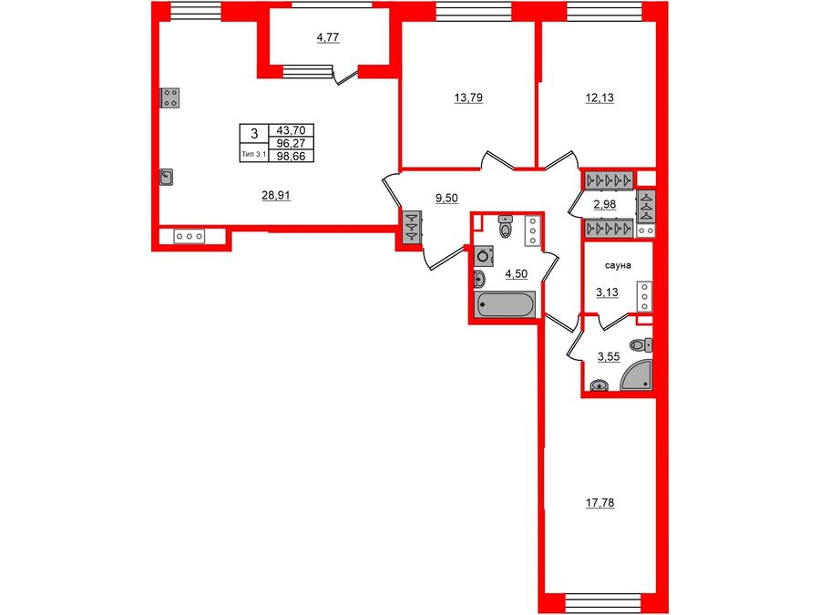 3-комнатная квартира № в: Сэтл Ривьера: 96.27 м²; этаж: 4 - купить в Санкт-Петербурге