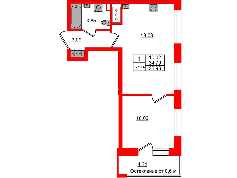 1-комнатная квартира, 34.79 м²; этаж: 2 - купить в Санкт-Петербурге