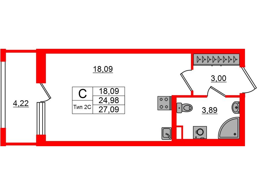 1-комнатная квартира, 24.98 м²; этаж: 2 - купить в Санкт-Петербурге