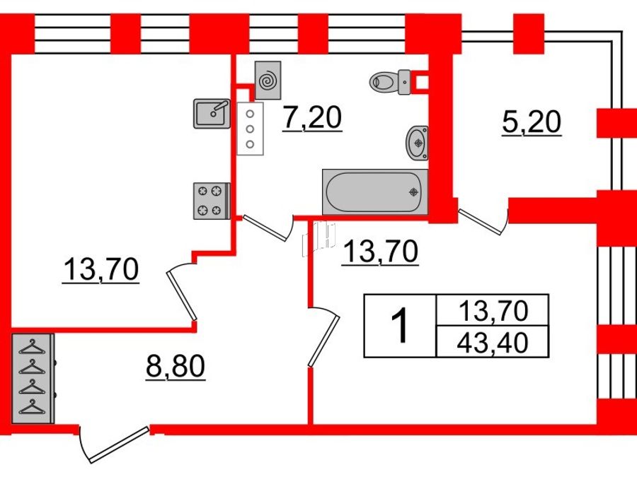 1-комнатная квартира №716 в Svetlana Park 2.2-й корпус: 43.4 м², этаж 10 - купить в Санкт-Петербурге