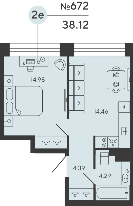 1-комнатная квартира №672 в Bashni Element 3-й корпус: 38.12 м², этаж 4 - купить в Санкт-Петербурге
