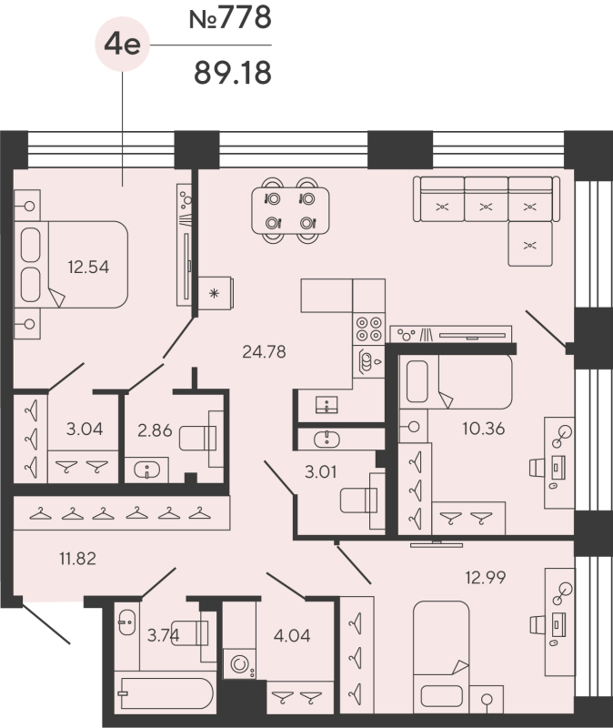 3-комнатная квартира №778 в Bashni Element 4-й корпус: 88.33 м², этаж 12 - купить в Санкт-Петербурге