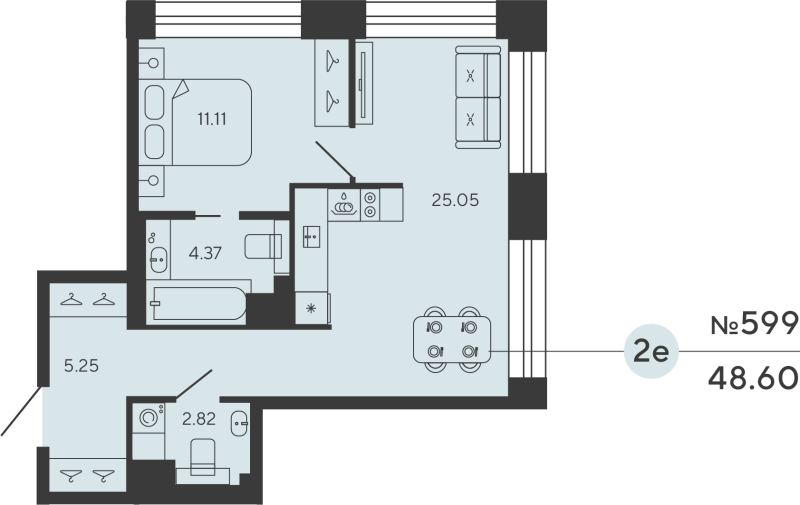1-комнатная квартира №599 в Bashni Element 3-й корпус: 48.6 м², этаж 6 - купить в Санкт-Петербурге