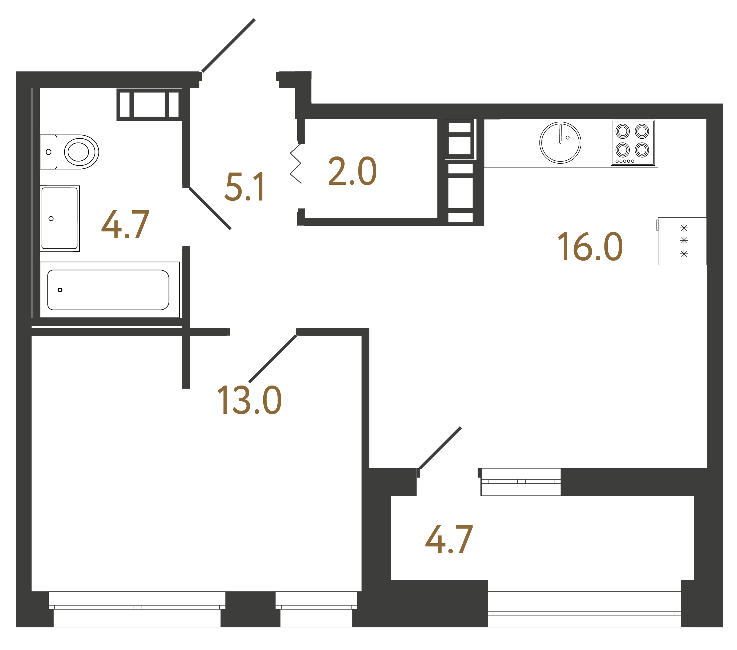 1-комнатная квартира №349 в Куинджи 1-й корпус: 40.8 м², этаж 3 - купить в Санкт-Петербурге