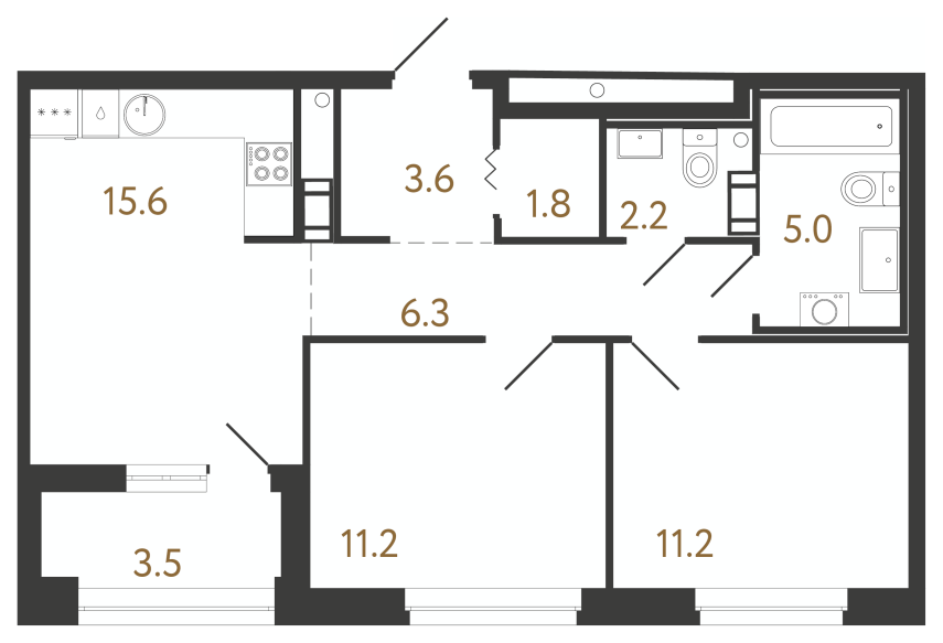 2-комнатная квартира №325 в Куинджи 1-й корпус: 58 м², этаж 12 - купить в Санкт-Петербурге