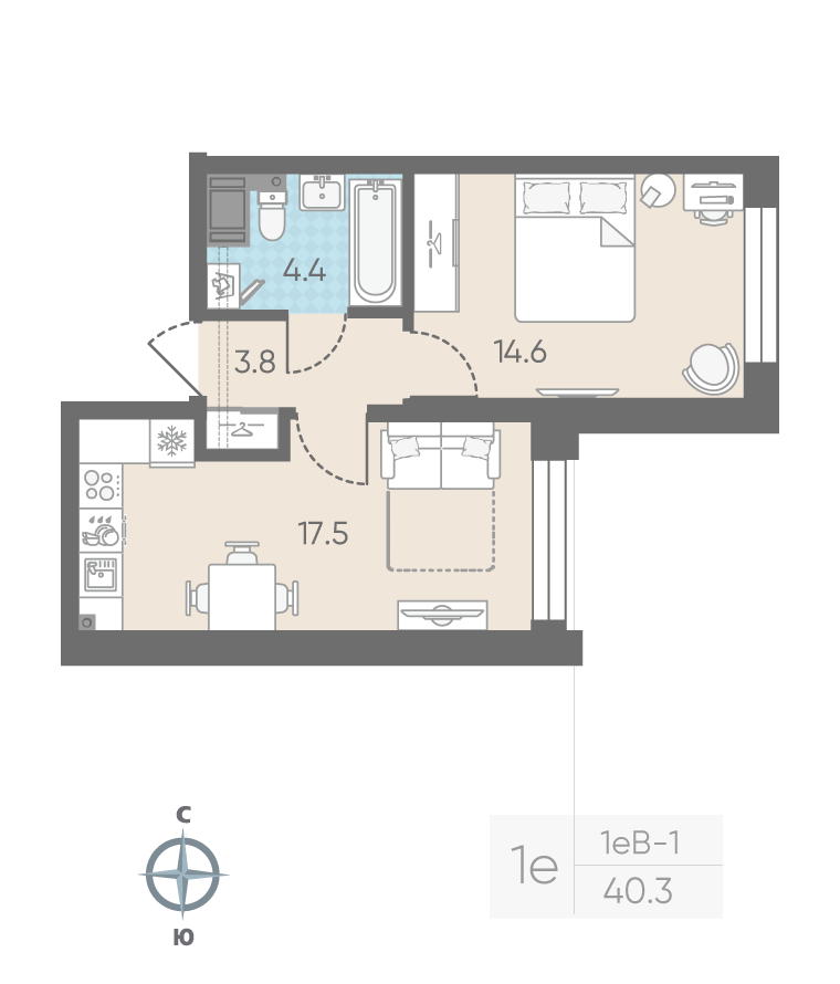 1-комнатная квартира, 40.3 м²; этаж: 9 - купить в Санкт-Петербурге