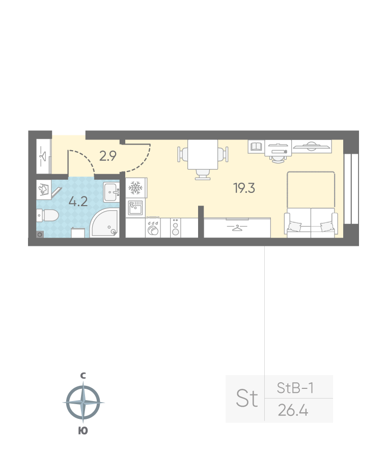 1-комнатная квартира, 26.4 м²; этаж: 2 - купить в Санкт-Петербурге