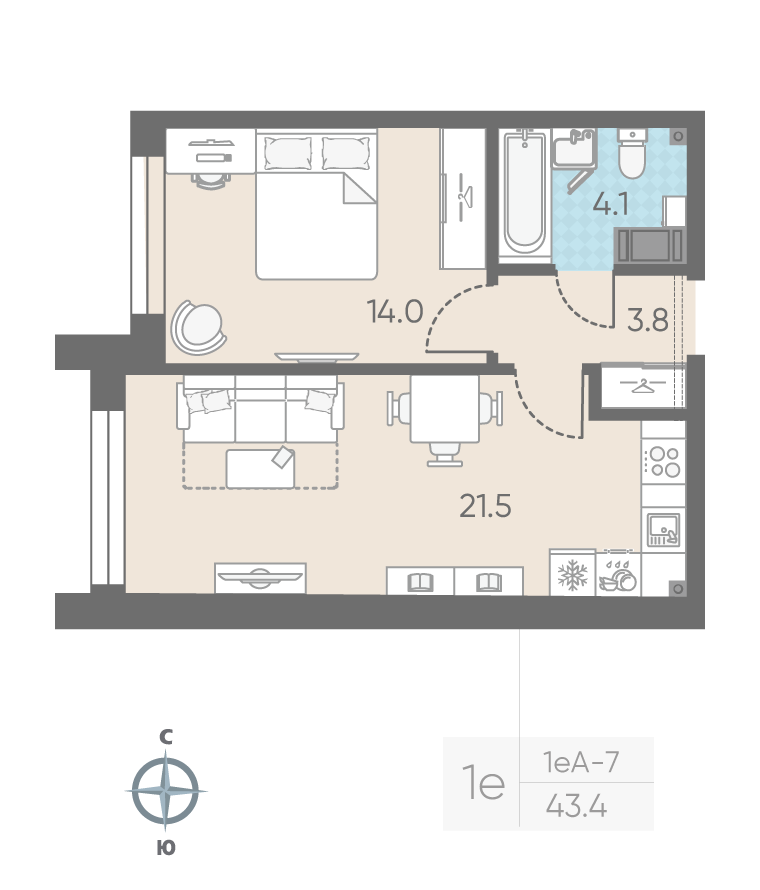 1-комнатная квартира, 43.4 м²; этаж: 10 - купить в Санкт-Петербурге