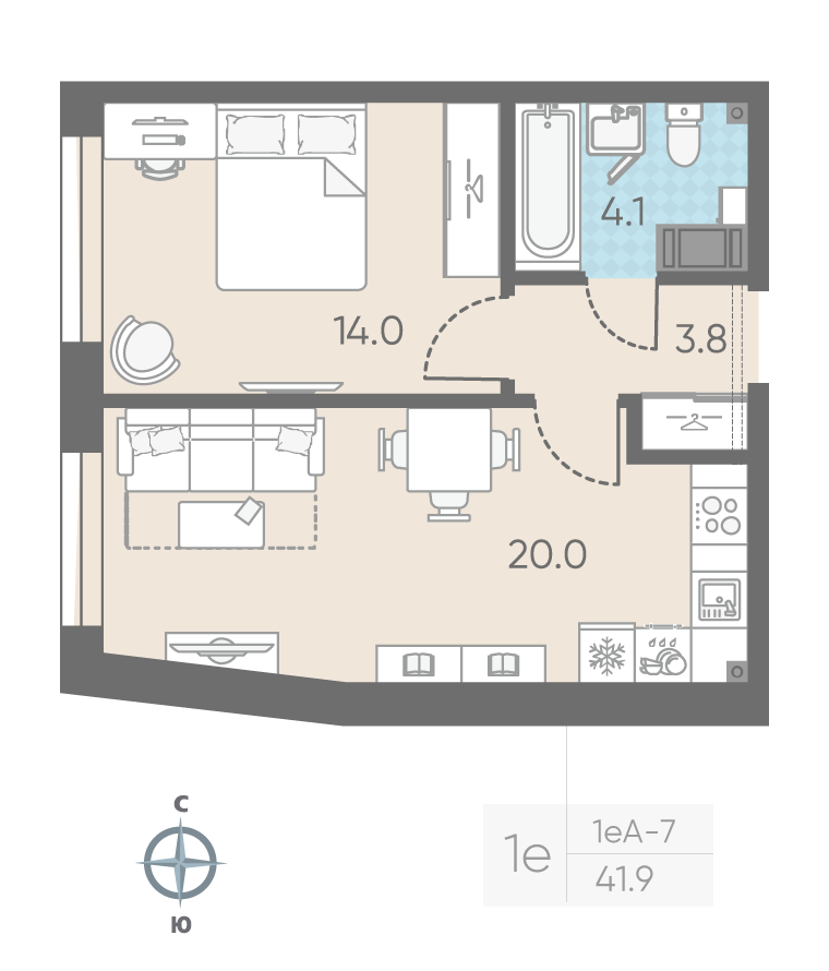 1-комнатная квартира, 41.9 м²; этаж: 5 - купить в Санкт-Петербурге