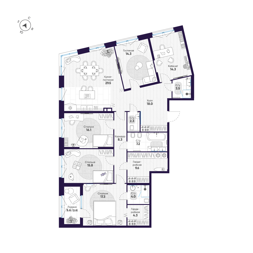 5-комнатная квартира №46 в ЛДМ 2-й корпус: 167.3 м², этаж 4 - купить в Санкт-Петербурге