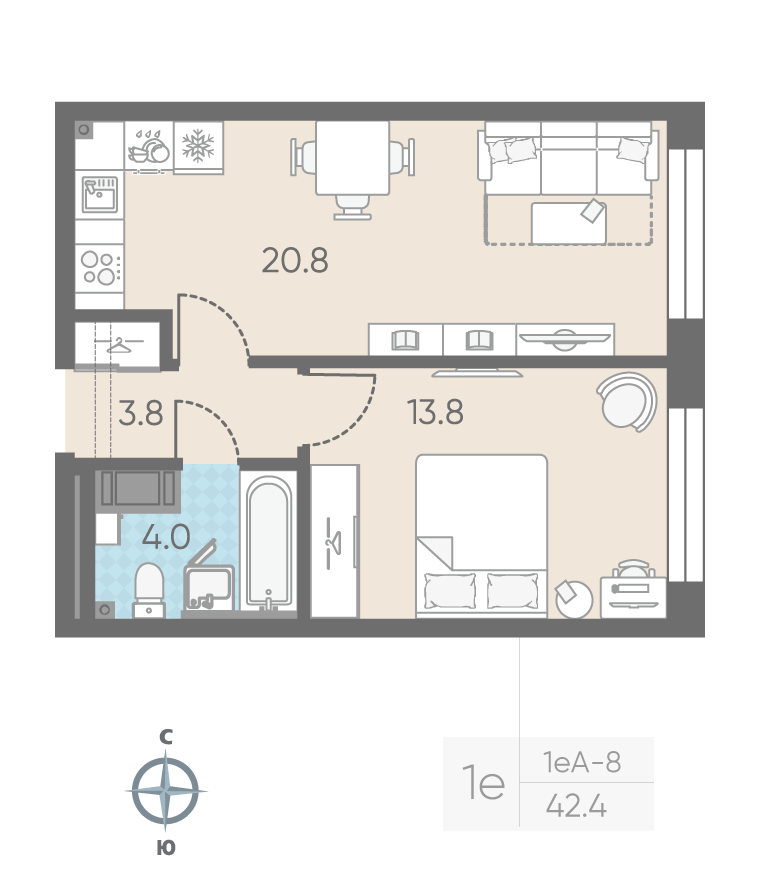 1-комнатная квартира №194 в Измайловский: 42.4 м², этаж 10 - купить в Санкт-Петербурге